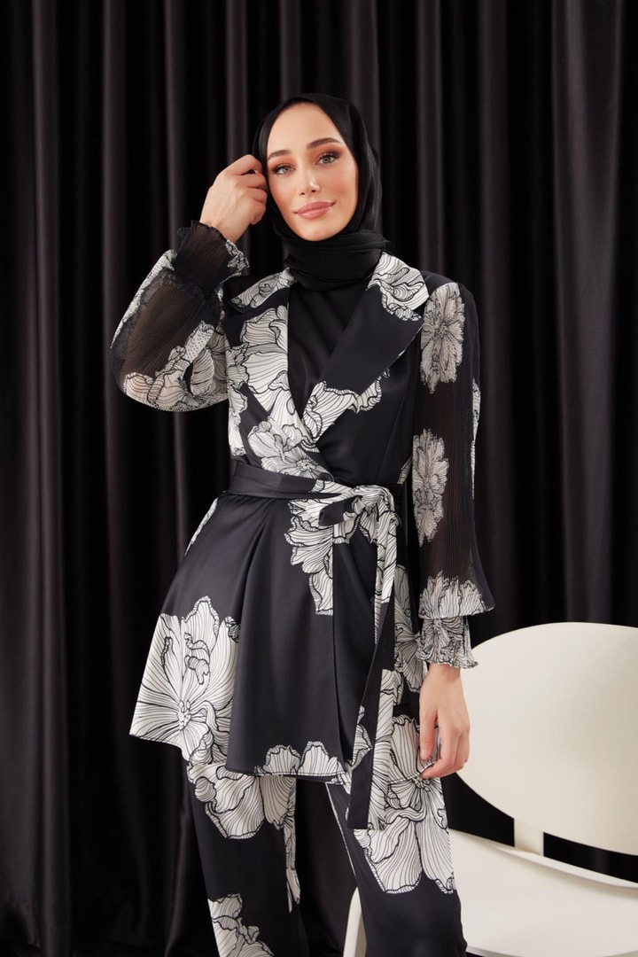 Elka Kolları Piliseli Ceket Takım - Siyah