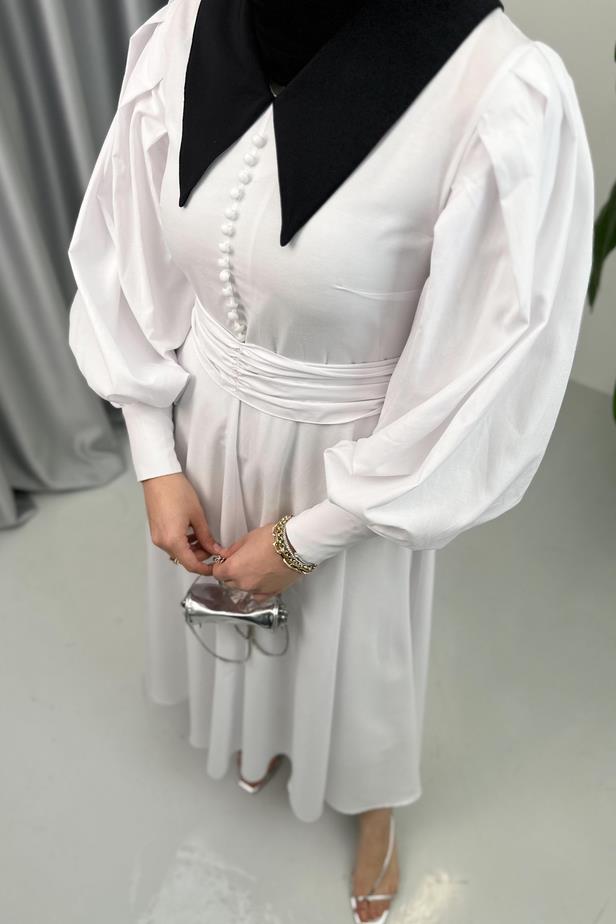 Emily Yakalı Elbise - Beyaz