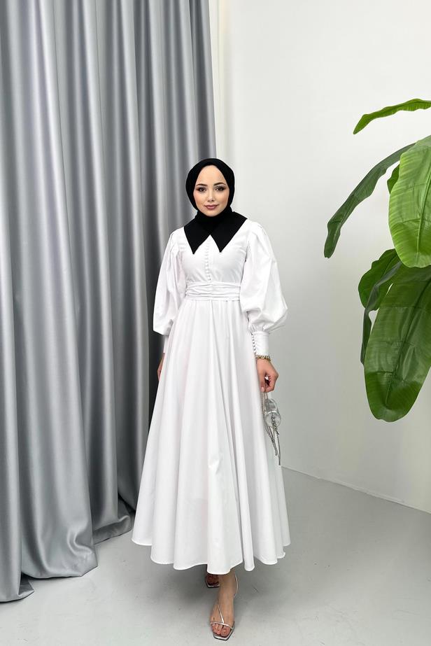 Emily Yakalı Elbise - Beyaz