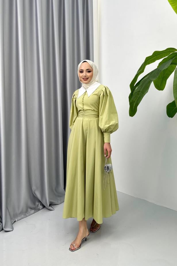 Emily Yakalı Elbise - Yağ Yeşili