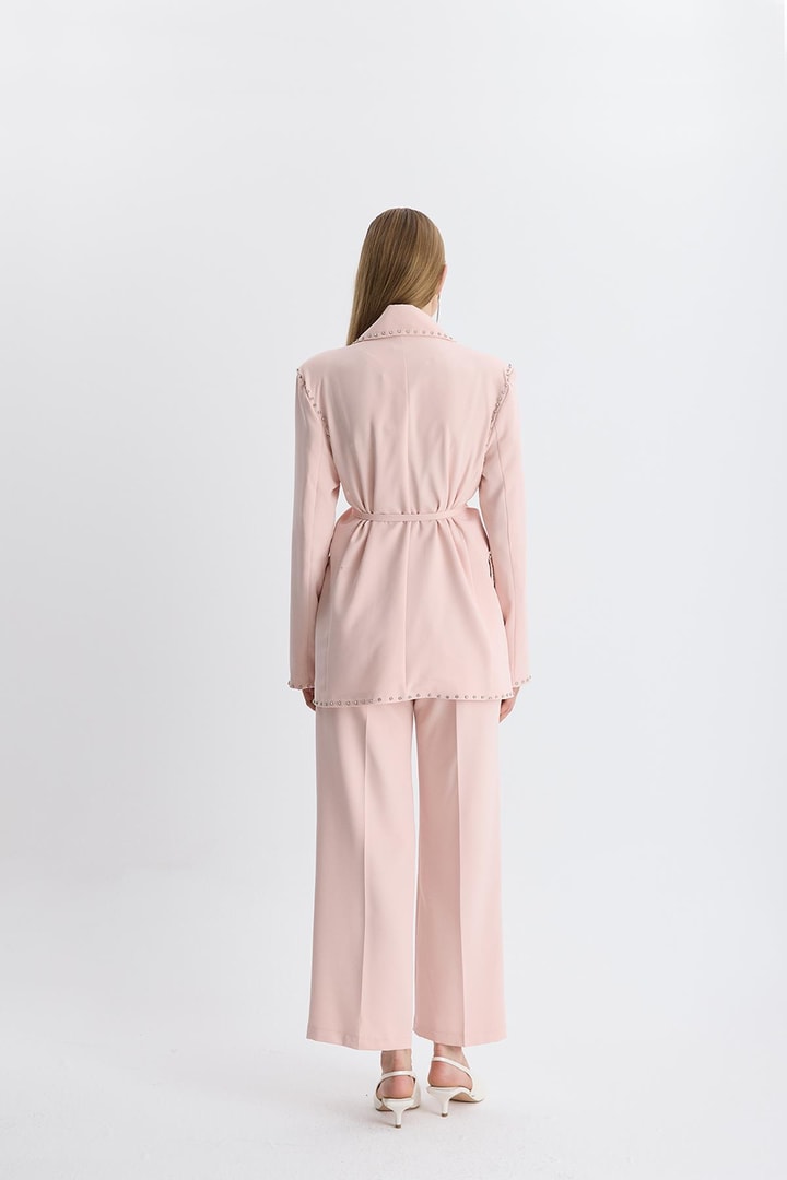 Esther Düğme İşlemeli Tasarım Blazer Takım - Pudra