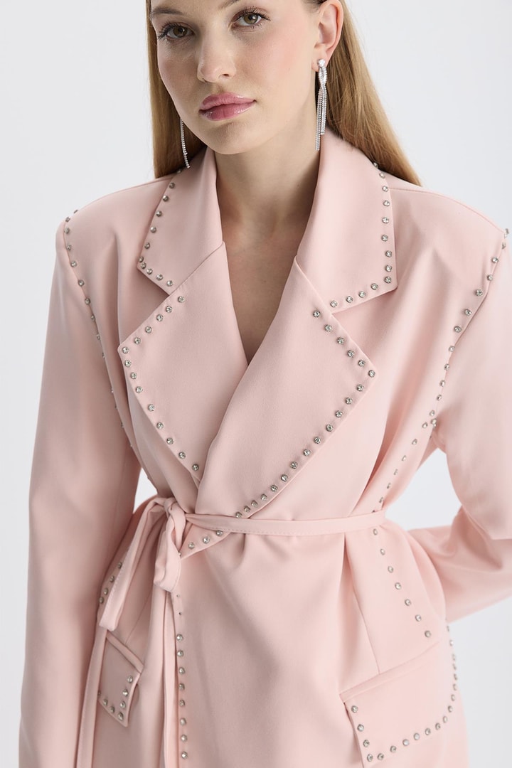 Esther Düğme İşlemeli Tasarım Blazer Takım - Pudra