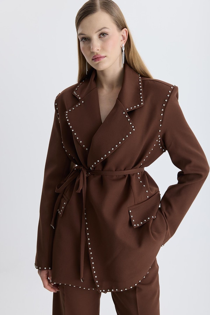 Esther Düğme İşlemeli Tasarım Blazer Takım - Kahve