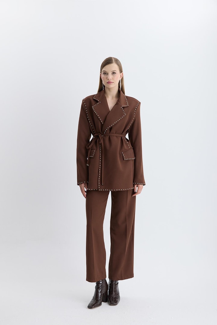Esther Düğme İşlemeli Tasarım Blazer Takım - Kahve