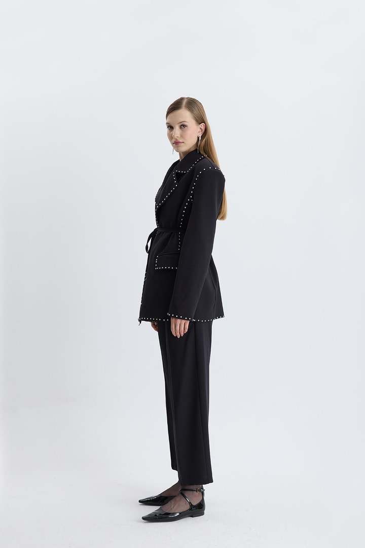 Esther Düğme İşlemeli Tasarım Blazer Takım - Siyah