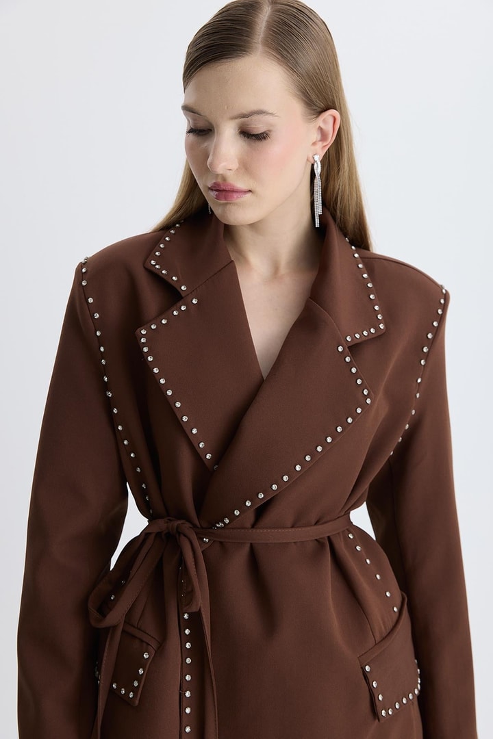 Esther Düğme İşlemeli Tasarım Blazer Takım - Kahve