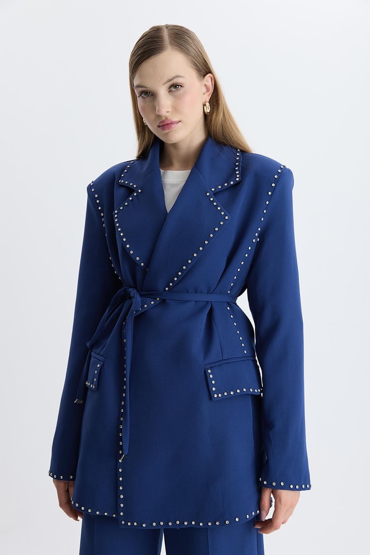 Esther Düğme İşlemeli Tasarım Blazer Takım - Lacivert