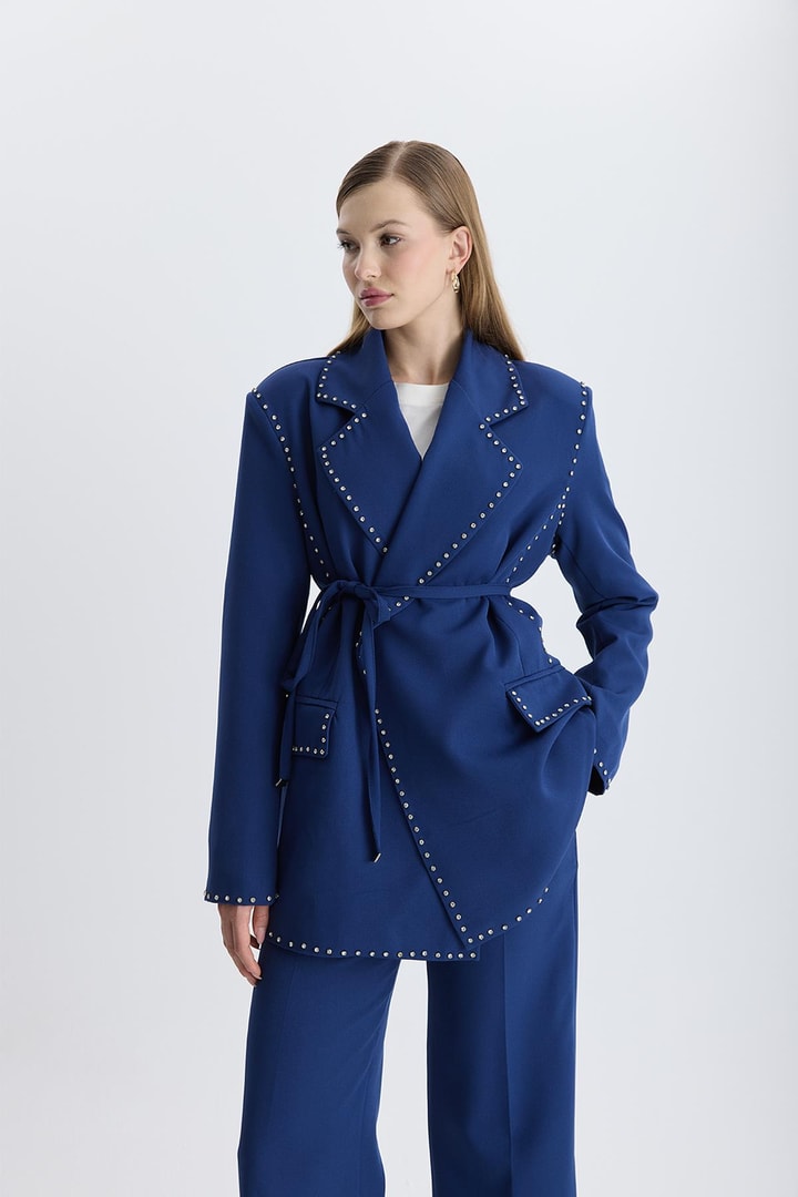 Esther Düğme İşlemeli Tasarım Blazer Takım - Lacivert