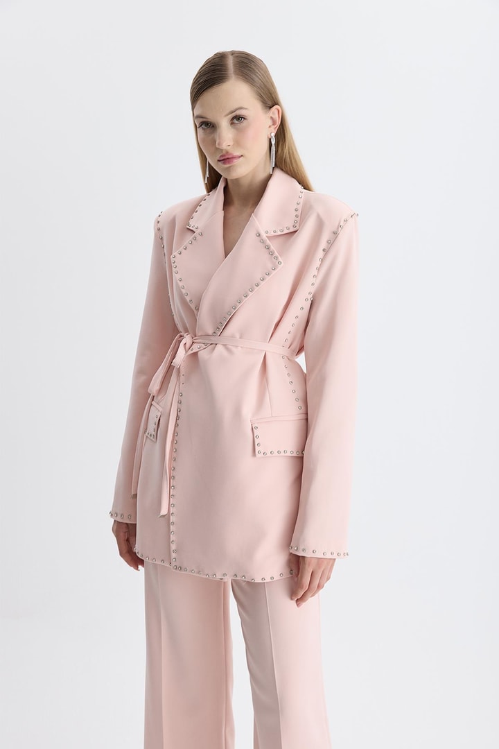 Esther Düğme İşlemeli Tasarım Blazer Takım - Pudra