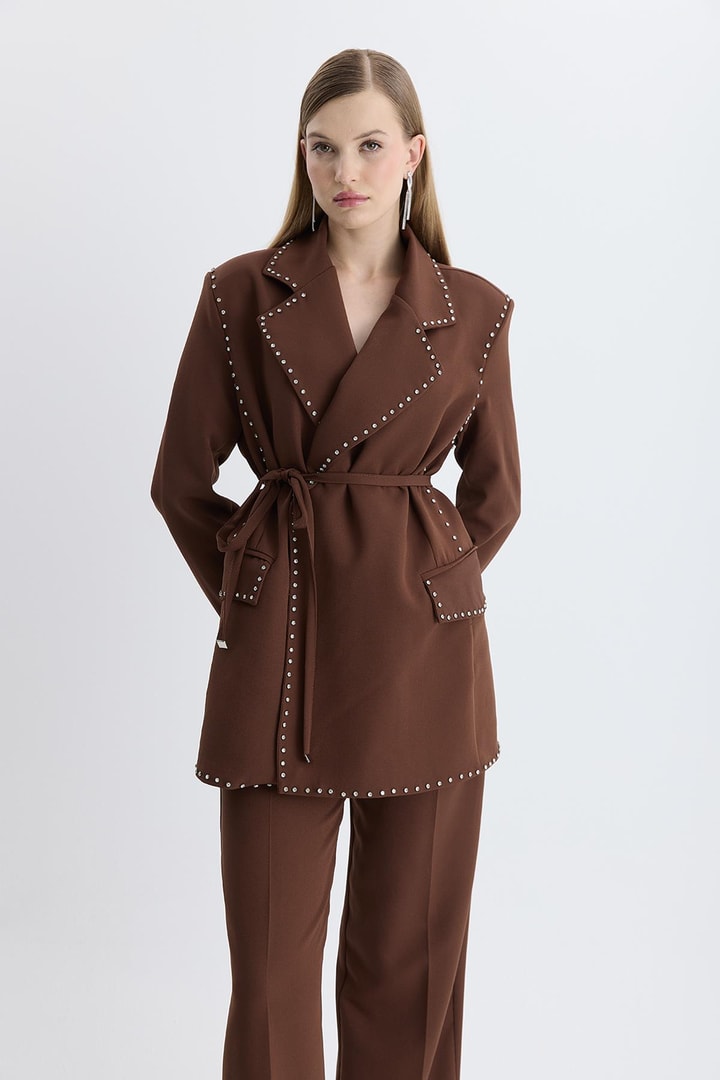 Esther Düğme İşlemeli Tasarım Blazer Takım - Kahve