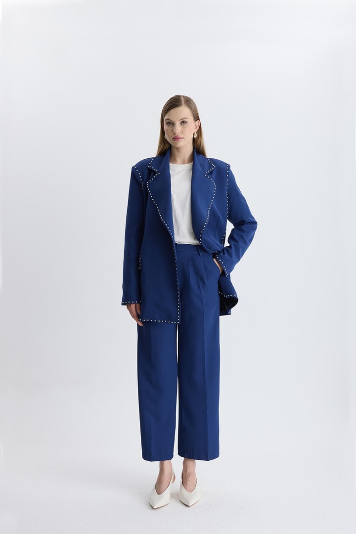 Esther Düğme İşlemeli Tasarım Blazer Takım - Lacivert