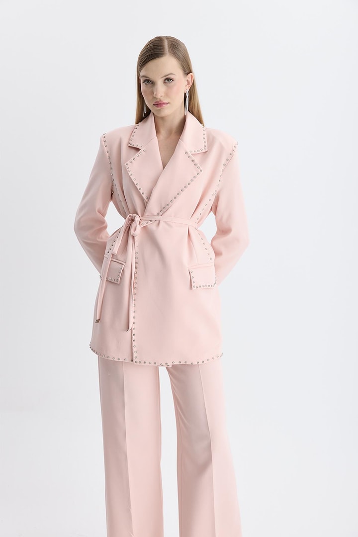 Esther Düğme İşlemeli Tasarım Blazer Takım - Pudra