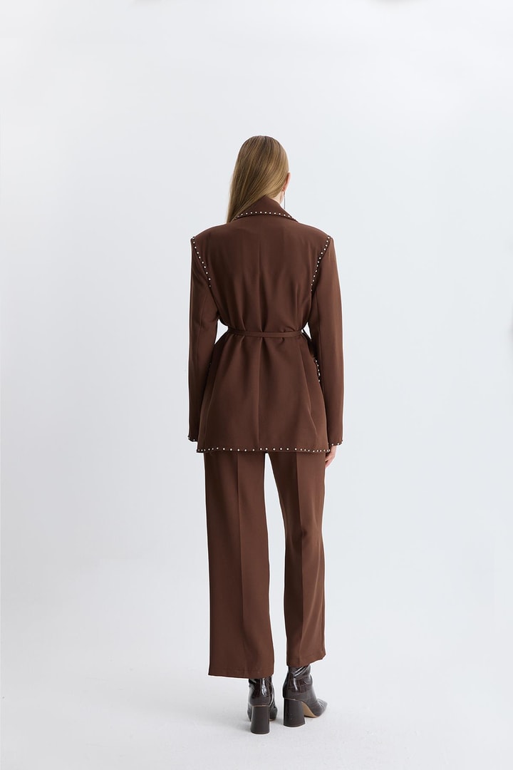 Esther Düğme İşlemeli Tasarım Blazer Takım - Kahve