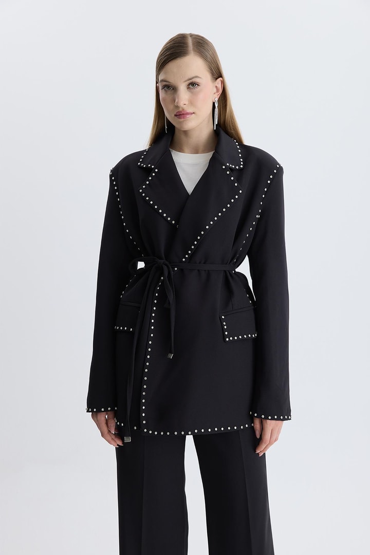Esther Düğme İşlemeli Tasarım Blazer Takım - Siyah