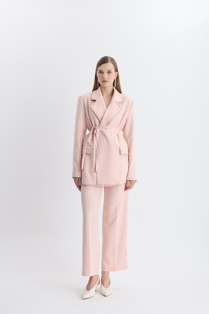 Esther Düğme İşlemeli Tasarım Blazer Takım - Pudra