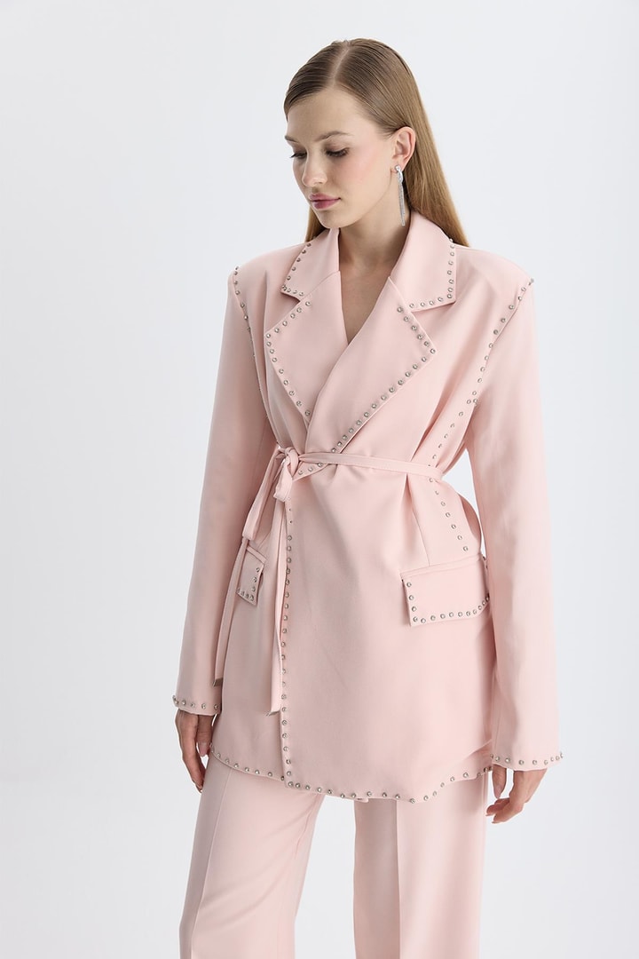 Esther Düğme İşlemeli Tasarım Blazer Takım - Pudra