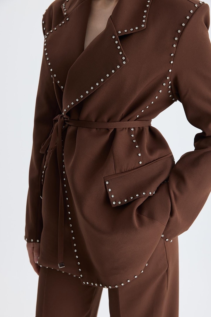 Esther Düğme İşlemeli Tasarım Blazer Takım - Kahve