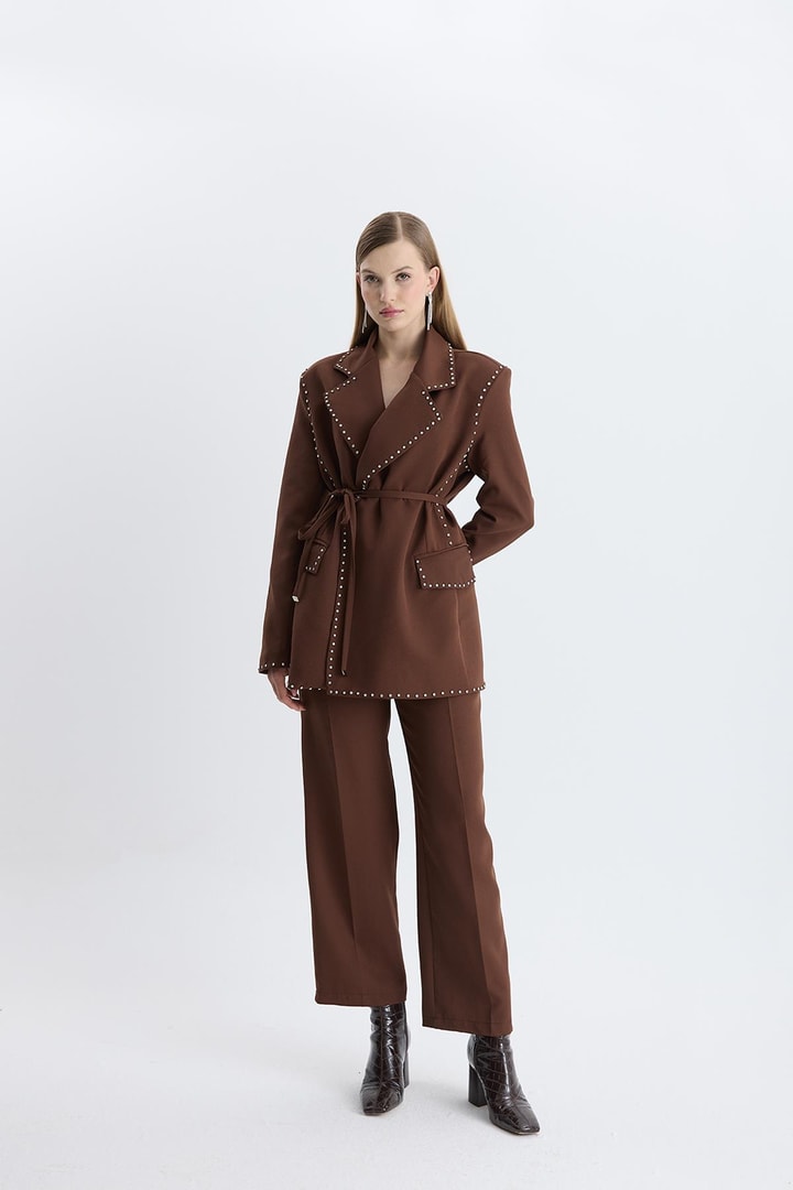 Esther Düğme İşlemeli Tasarım Blazer Takım - Kahve