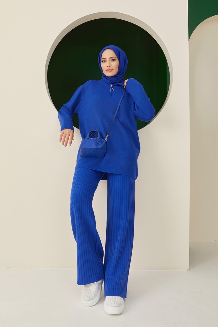 Fermuar Detaylı Triko Takım - saks mavisi