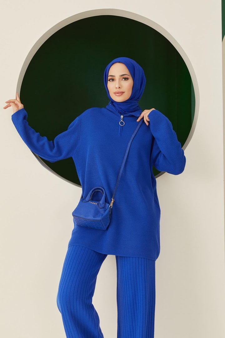 Fermuar Detaylı Triko Takım - saks mavisi