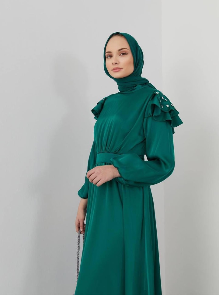 Fiona Omzu Taşlı Abiye Elbise - Zümrüt