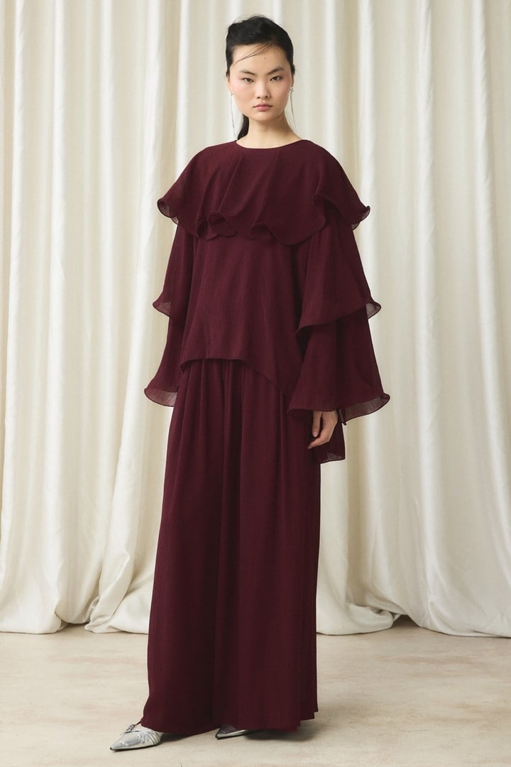 Fırfır Detaylı Pantolon Takım - Bordo