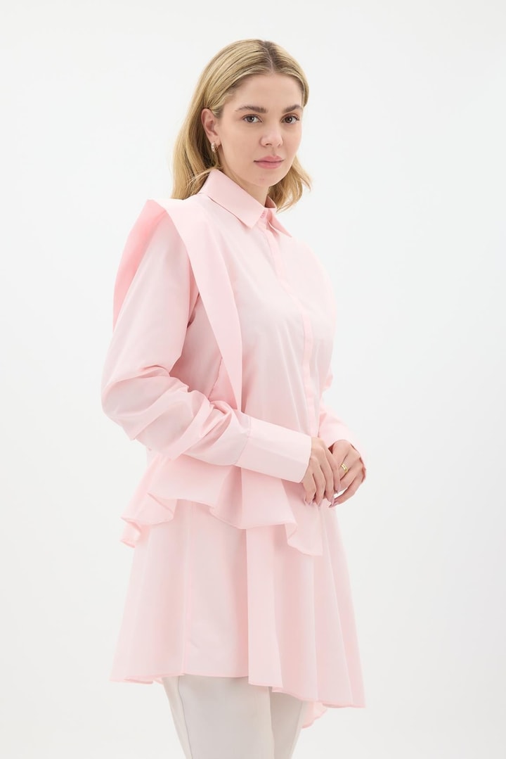 Fırfır Detaylı Poplin Gömlek - Pembe