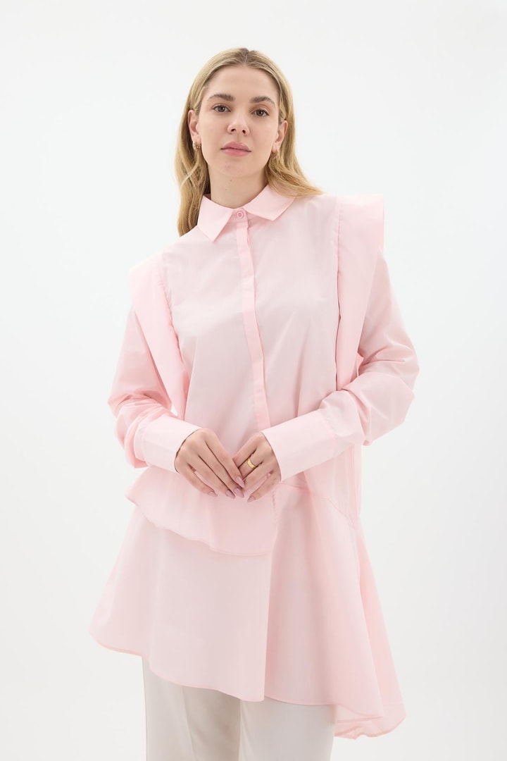Fırfır Detaylı Poplin Gömlek - Pembe