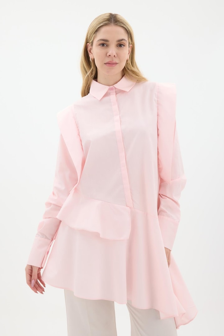 Fırfır Detaylı Poplin Gömlek - Pembe