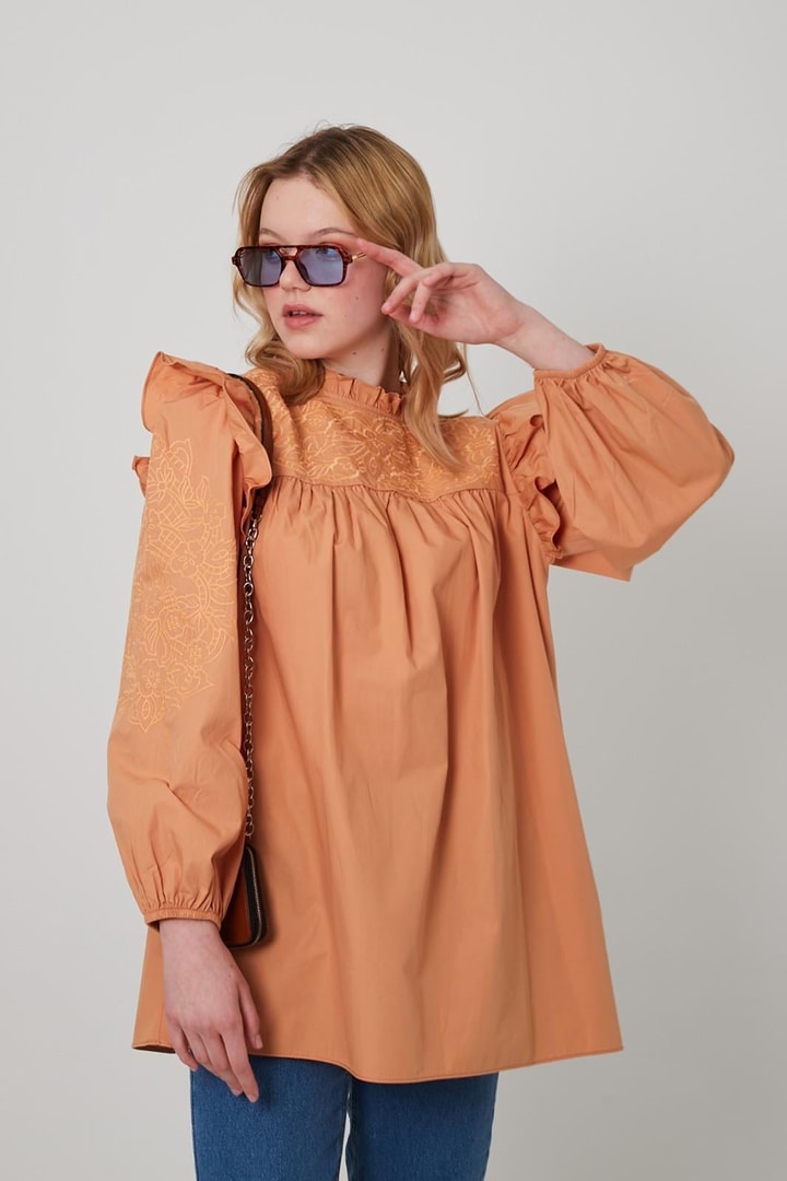 Fırfırlı Nakışlı Poplin Gömlek - Orange