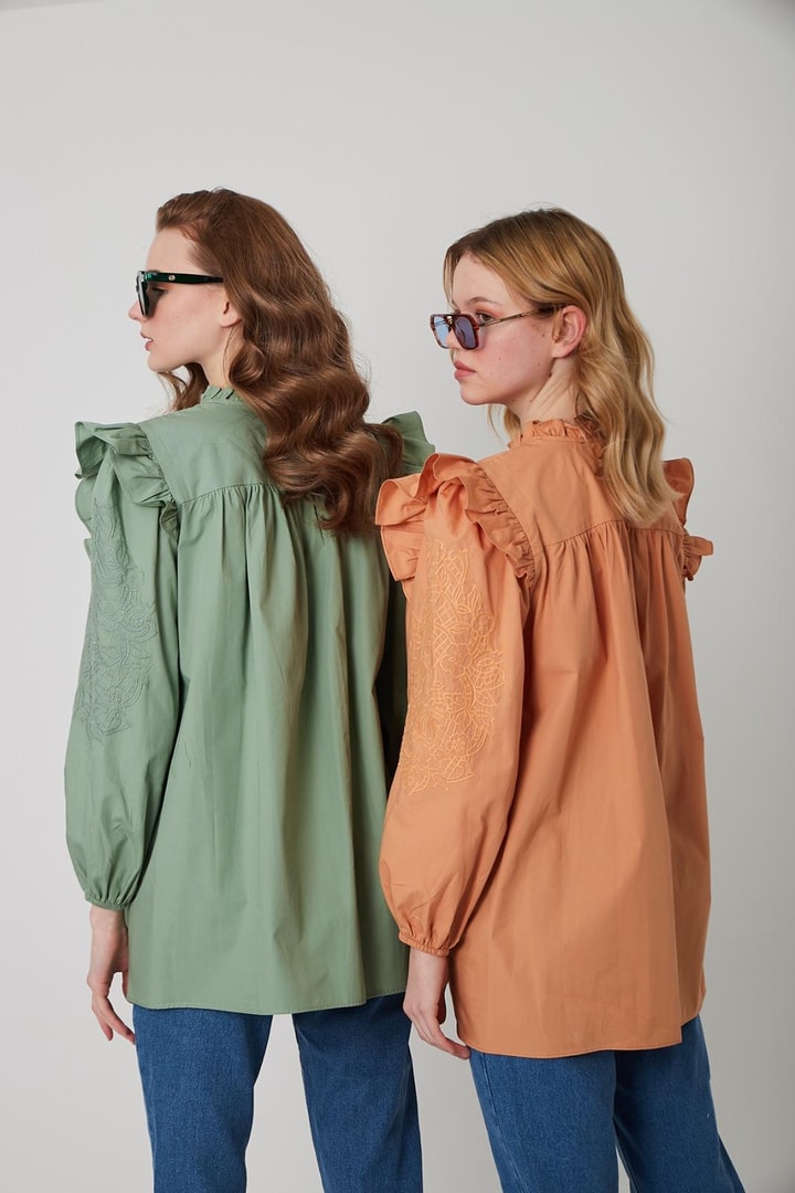 Fırfırlı Nakışlı Poplin Gömlek - Orange