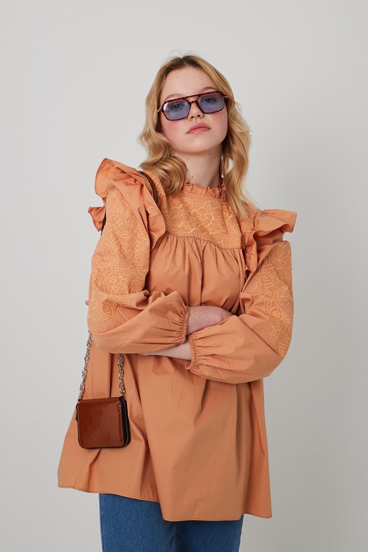 Fırfırlı Nakışlı Poplin Gömlek - Orange