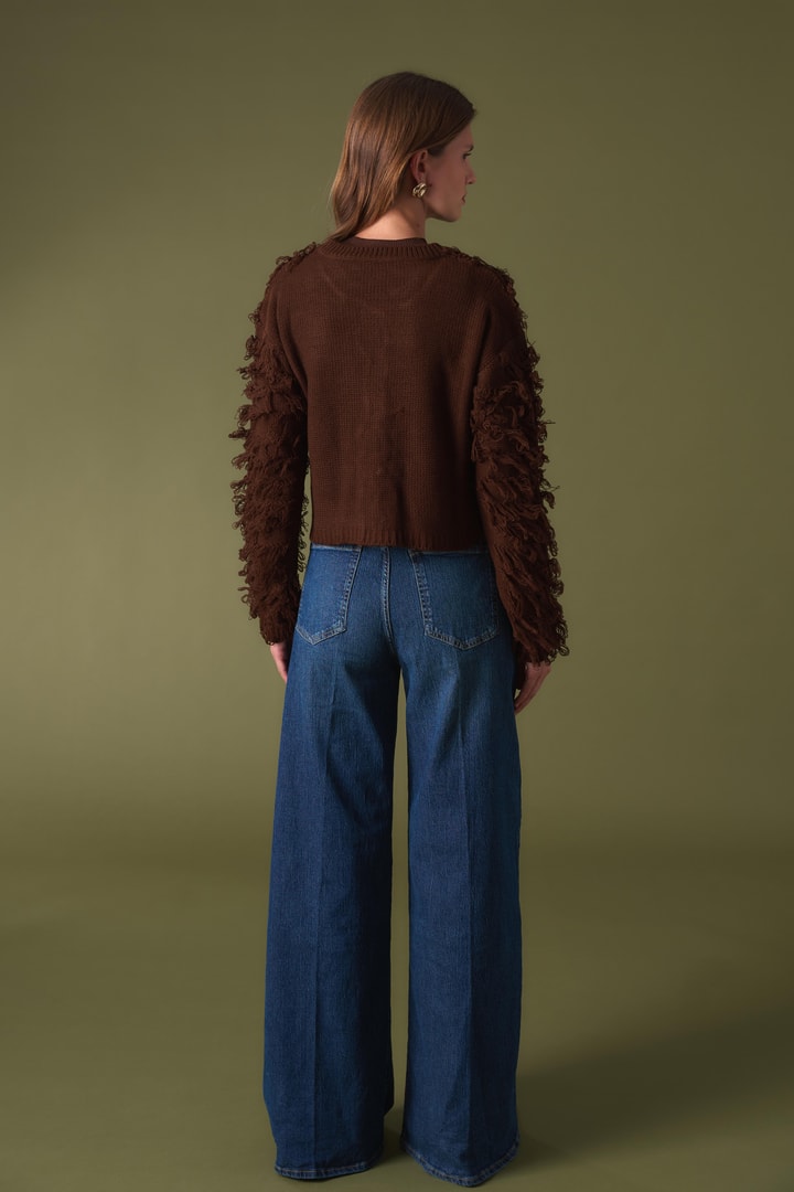 Fringe Detay Triko Hırka - Acı Kahve