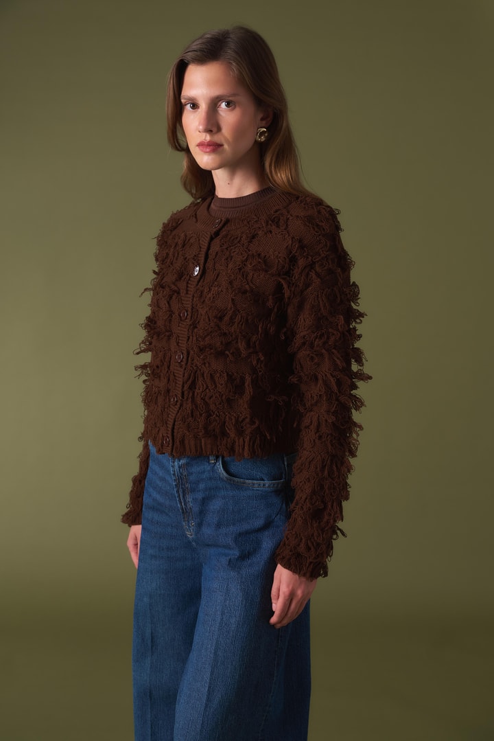 Fringe Detay Triko Hırka - Acı Kahve