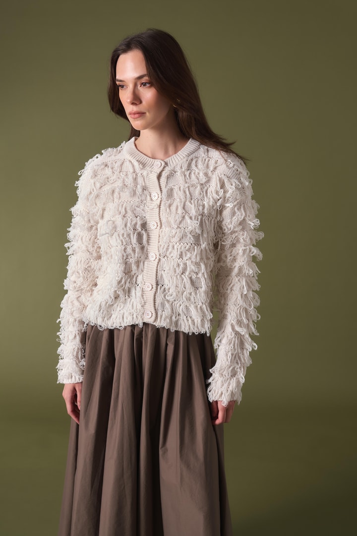Fringe Detay Triko Hırka - Ekru