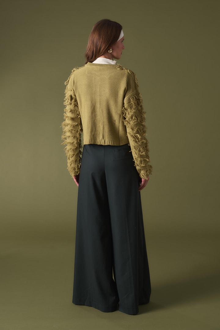 Fringe Detay Triko Hırka - Yağ Yeşili