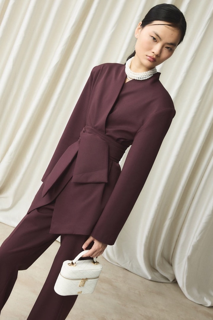 Fular Yaka Blazer Ceket Takım - Bordo