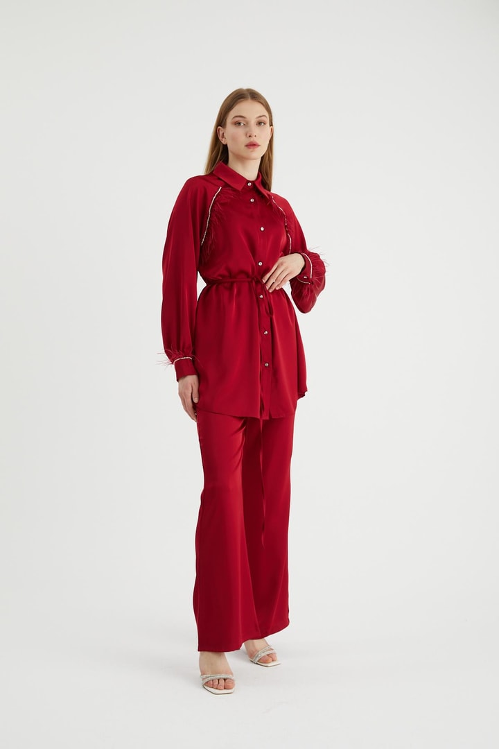 Gama Taş Ve Tüy Detaylı Takım - Bordo