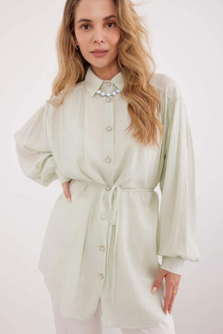 Girls Kolyeli Gofre Gömlek - Mint Yeşil