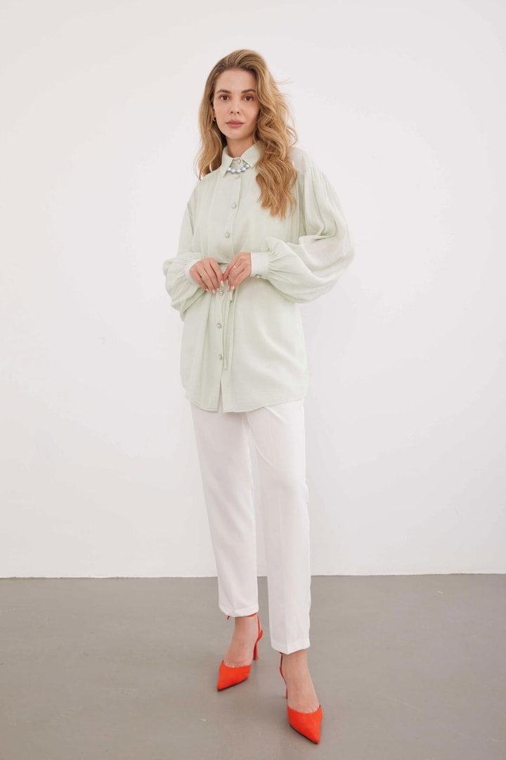 Girls Kolyeli Gofre Gömlek - Mint Yeşil