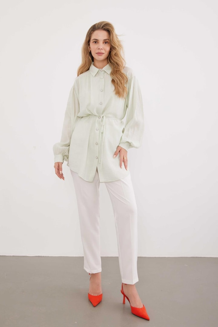 Girls Kolyeli Gofre Gömlek - Mint Yeşil