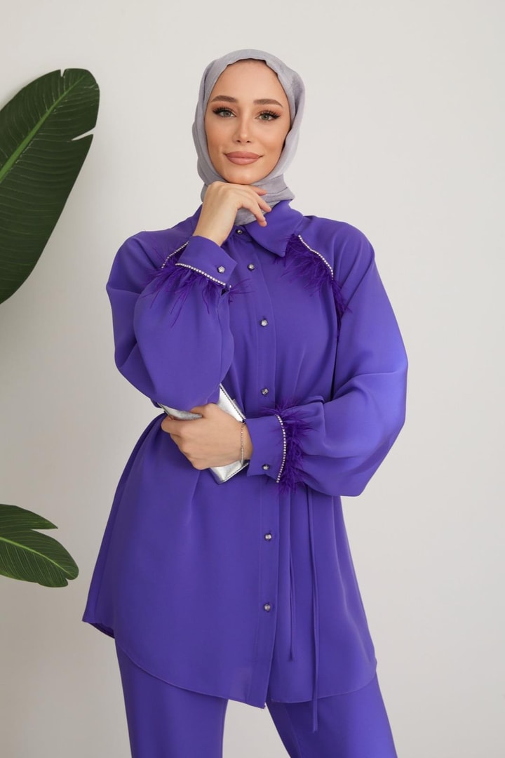 Gisha Taş Ve Tüy Detaylı Krep Takım - Mor