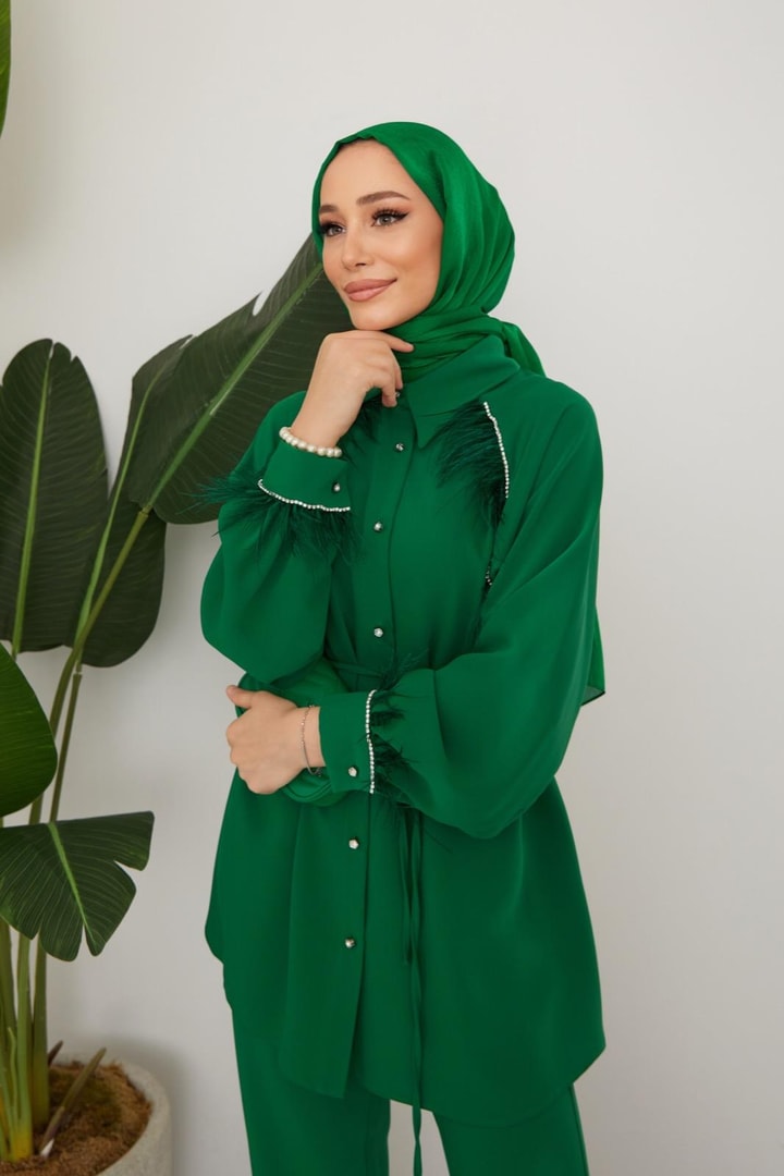 Gisha Taş Ve Tüy Detaylı Krep Takım - Zümrüt