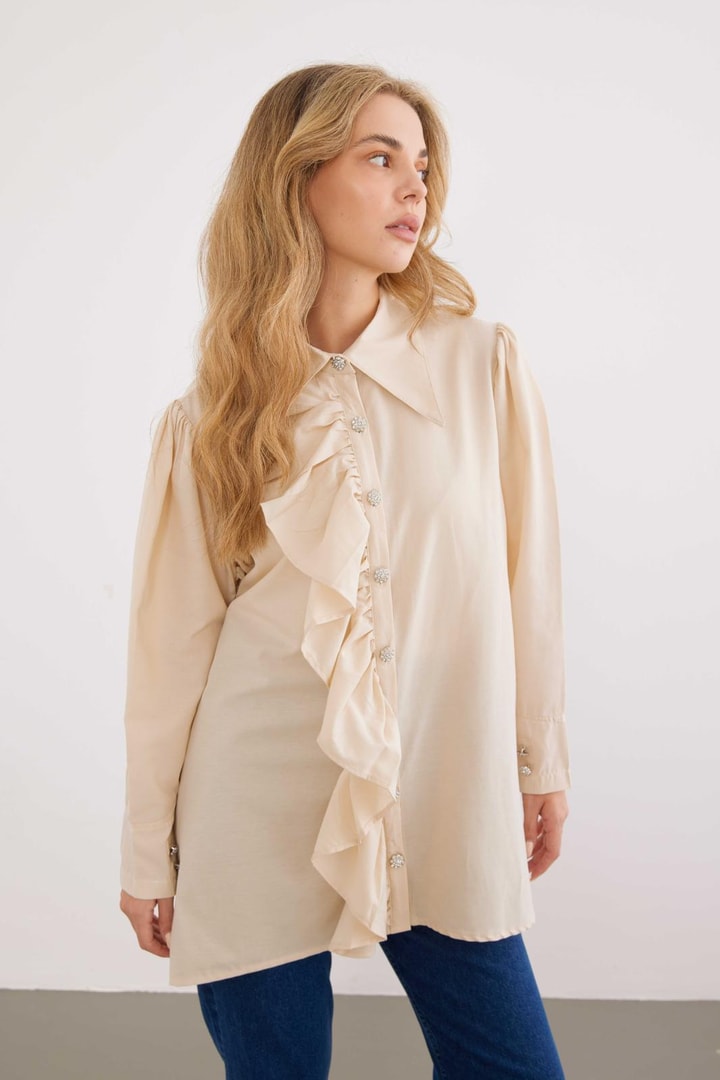 Gora Önü Fırfırlı Gömlek - Bej