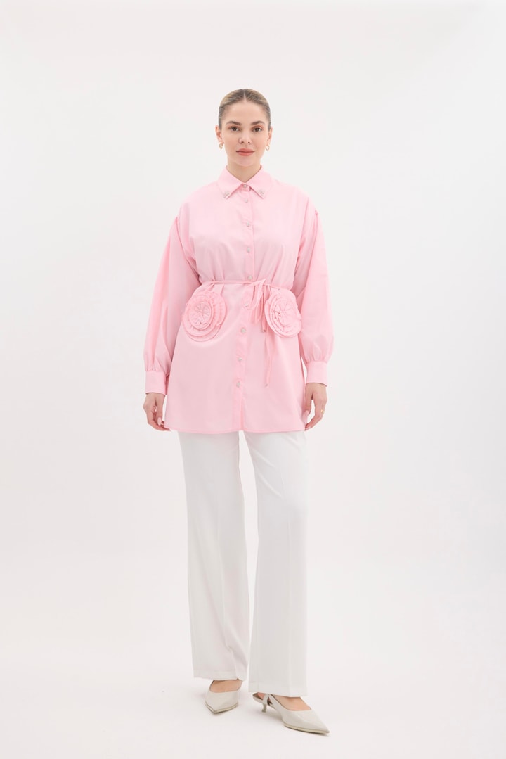 Gül Aksesuarlı Poplin Gömlek - Pembe