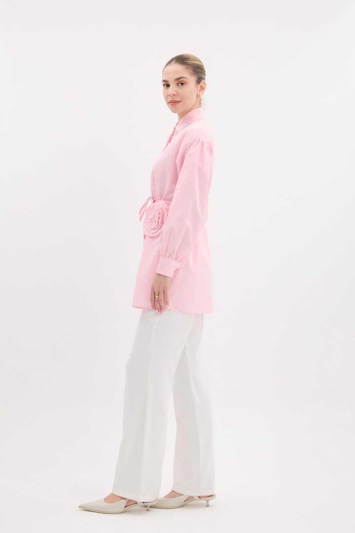 Gül Aksesuarlı Poplin Gömlek - Pembe