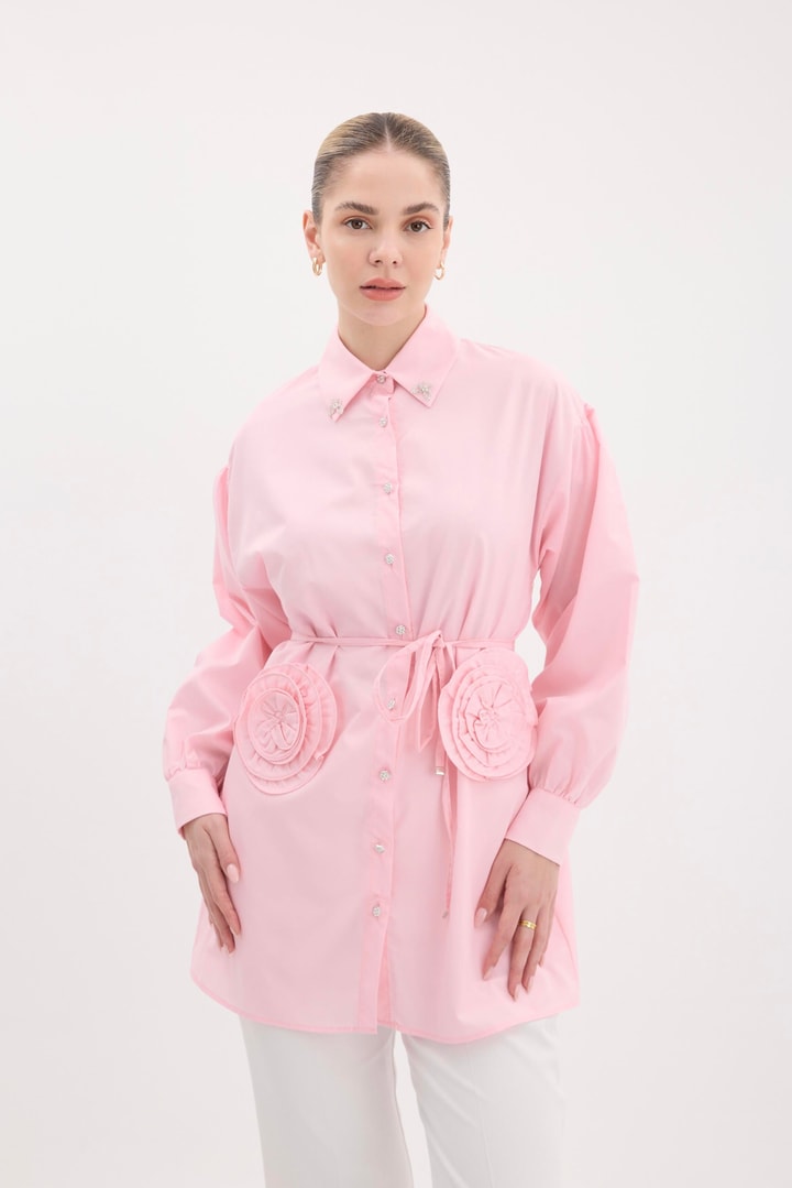 Gül Aksesuarlı Poplin Gömlek - Pembe