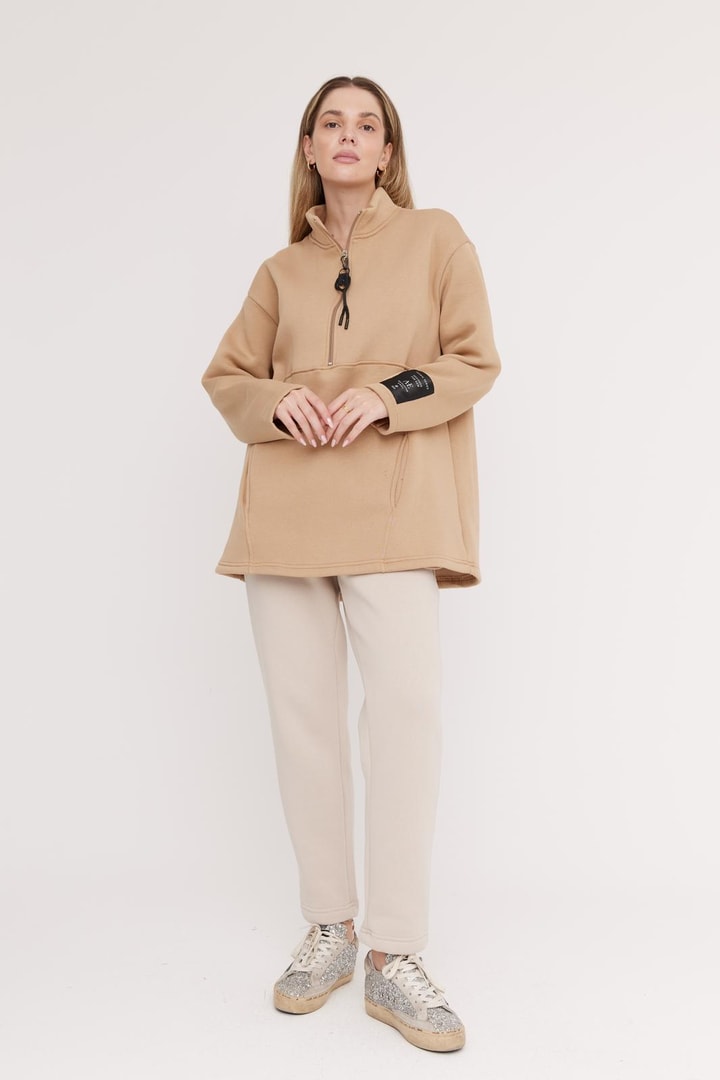 Harper Fermuarlı Sweatshirt - Bej