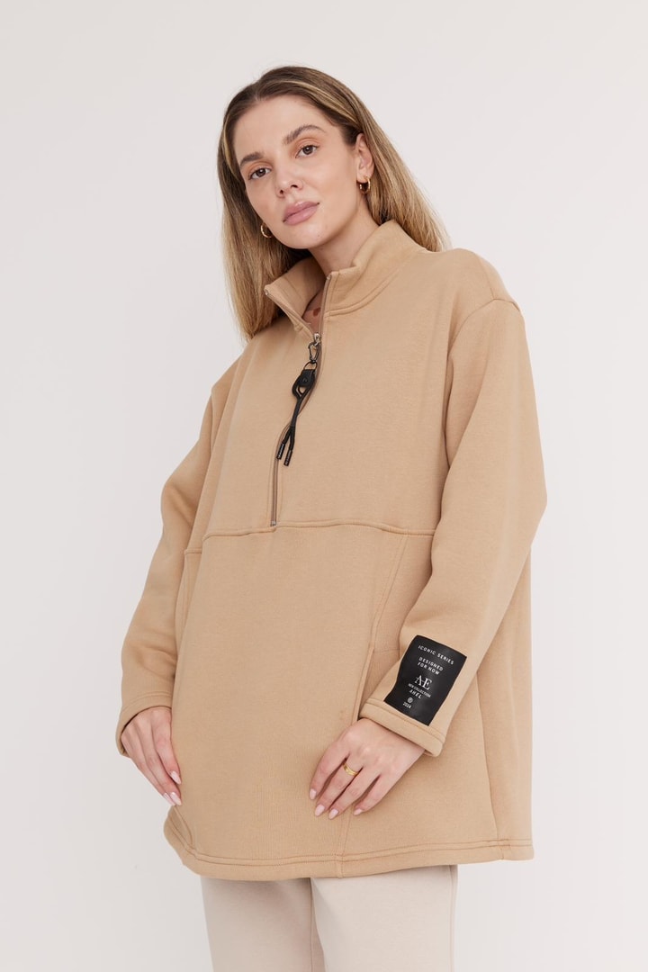Harper Fermuarlı Sweatshirt - Bej