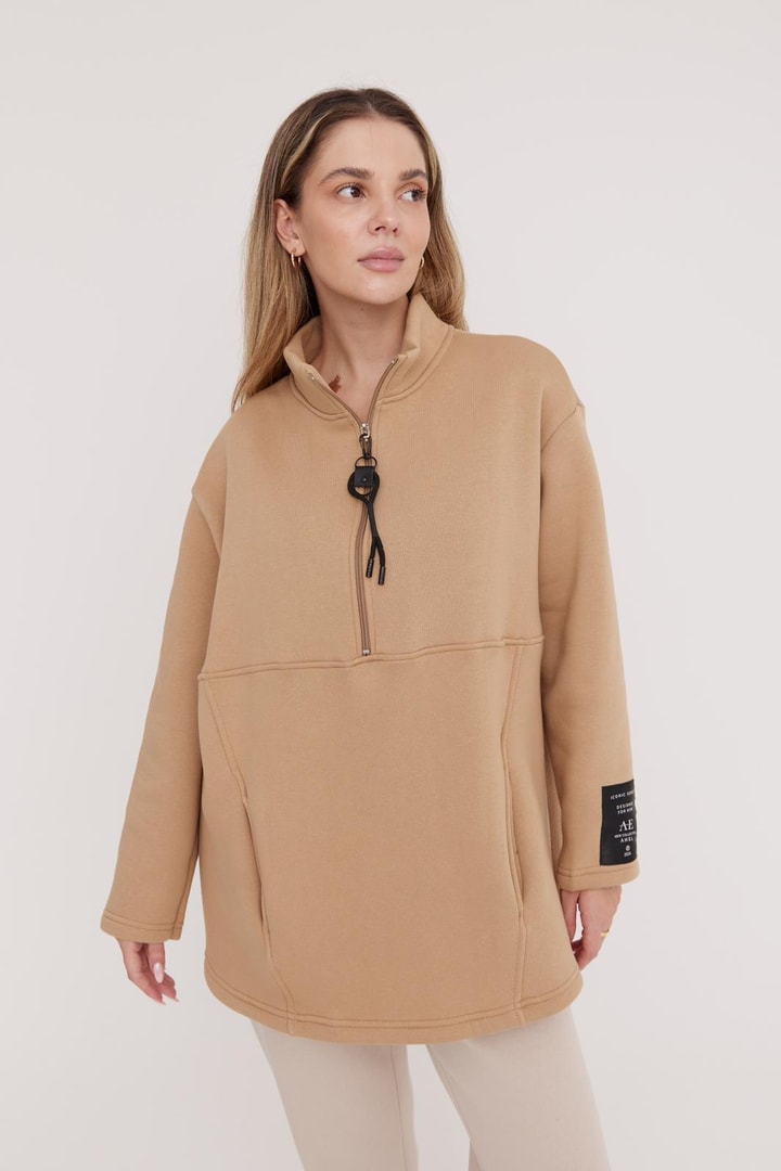 Harper Fermuarlı Sweatshirt - Bej